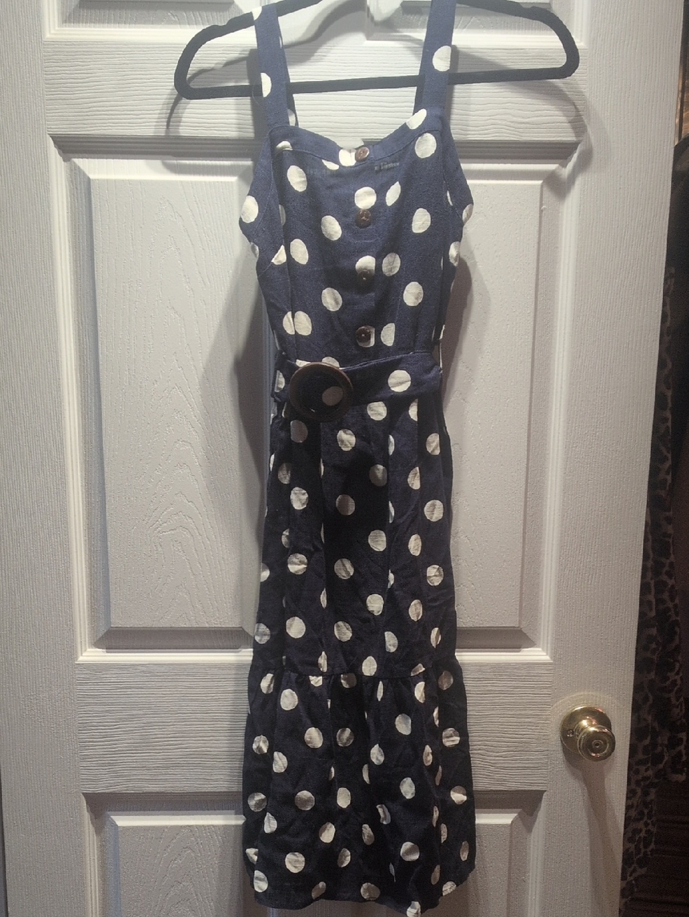 Navy and White Polka Dot Sleeveless Midi Dress with Belt